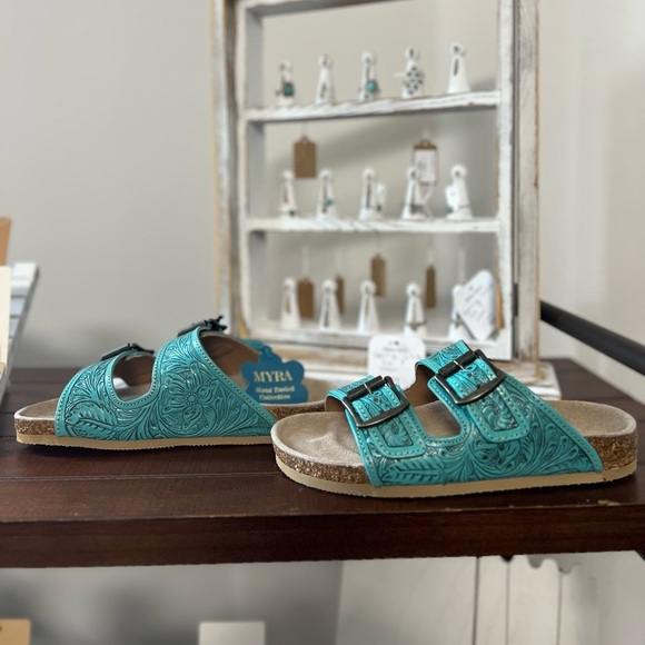 New Turquoise Myra Bag Hand Tooled Genuine Leather Summer Sandal Sunflower - Picture 11 of 16